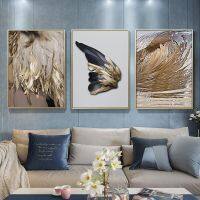 Sumanssa Unique Nordic Decor Feathers ภาพวาดผ้าใบโปสเตอร์และพิมพ์ Modern Golden Wings Wall Art สำหรับห้องนั่งเล่นและห้องนอน Decor