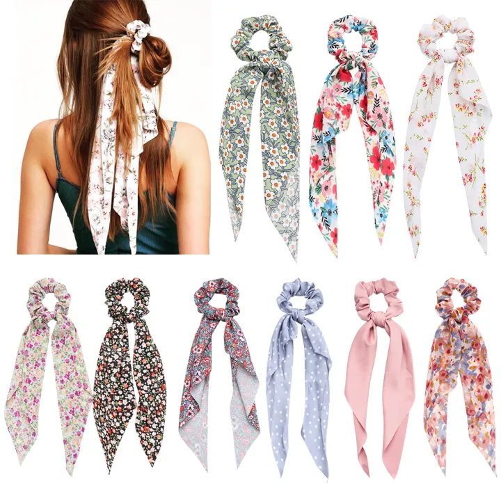 Floral Ponytail Scarf Bow Hair Rope Tie Elastic Scrunchie Ribbon Hair Band.
