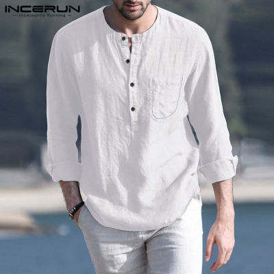 INCERUNเสื้อเชิ้ตแขนยาวสำหรับผู้ชาย,เสื้อผ้าลินินใส่สบายสำหรับวันหยุดเฮนลีย์ทางการเสื้อยืดอัจฉริยะเสื้อตัวบน