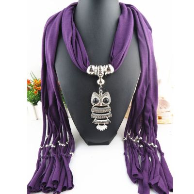 Womans Classic Owl Pendant Jewelry Scarf Necklace Scarf Fringed Long Scarf Headbands