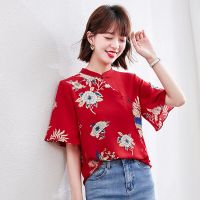 Chinese Style Stand-up Collar Womens Chiffon Shirt Summer Improved Cheongsam Top Casual Retro Buckle Red Blouses Female 2021 Haberdashery