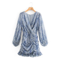 Snican snakeskin print draped ruffle mini dress v neck sexy dresses spring sukienka za  women camiseta manga larga mujer