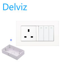 DELVIZ 3 on /2 Street light switch + UK 3 hole Wall socket. 13A Power switch socket. With junction box.