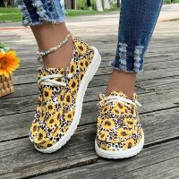 NianMiao Womens Sunflower &amp; Leopard Print Canvas Shoes, Casual Lace Up Low Top Shoes, Lightweight Walking Shoes