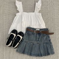 【Ready】? Girls suit design sense flying sleeve camisole girls high waist denim pleated skirt sweet sweet suit