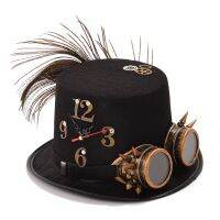 ผู้หญิงสีดำ Steam Punk หมวก Unisex ชายหญิงแว่นตา Feather Gear นาฬิกา Halloween Party Top Hat