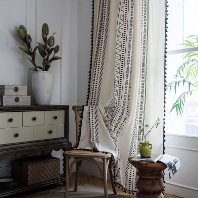 Boho Curtain Geometric Striped Curtains Bedroom Living Room Panel with Tassels Linen Curtains Finished Drape Home Decor