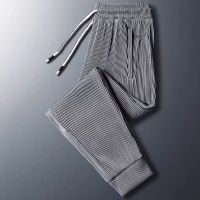 ℡❉■ Ice Silk Trousers Mens Summer Thin Section Quick-Drying Striped Pleated Sports Pants Large Size Drape Sense Beam Casual Nine-Point Pants