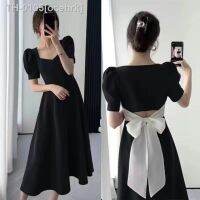 ۞❀☂ ocehrk Novo Francês Hepburn Vestido Preto Verão Tendência Voltar Bow Little Loose