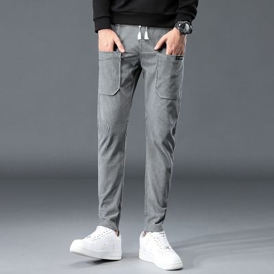[COD] Explosive style corduroy six-pocket casual mens trendy brand loose elastic multi-pocket overalls sports bunched feet cropped