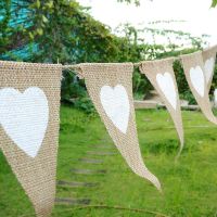 tr1 Shop 12pcs/Set Jute Rope Flax Triangular Birthday Party Linen Heart Pennant Flag Banner Wedding Home Decor Event Supplies Burlap