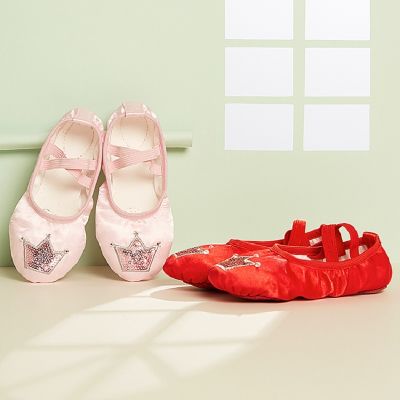 สลิปเปอร์บัลเล่ต์ปักลายผ้าซาติน,รองเท้าเต้นเด็กผู้หญิงรองเท้าบัลเล่ต์รองเท้าบัลเลต์หนังรองเท้าบัลเลต์สำหรับเด็ก