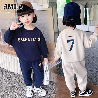 AMILA ชุดเสื้อสเวตเตอร์แขนยาวสำหรับเด็ก,ฤดูใบไม้ร่วงและฤดูหนาวลำลองแฟชั่นสำหรับเด็กผู้ชายเด็กผู้หญิงเสื้อแขนยาว + กางเกงขายาวสำหรับฤดูหนาว