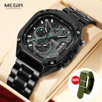 MEGIR Black Quartz Watch Men Waterproof Square Dial Wristwatch With Chronograph Stainless Steel Strap Luminous Hands Auto Date