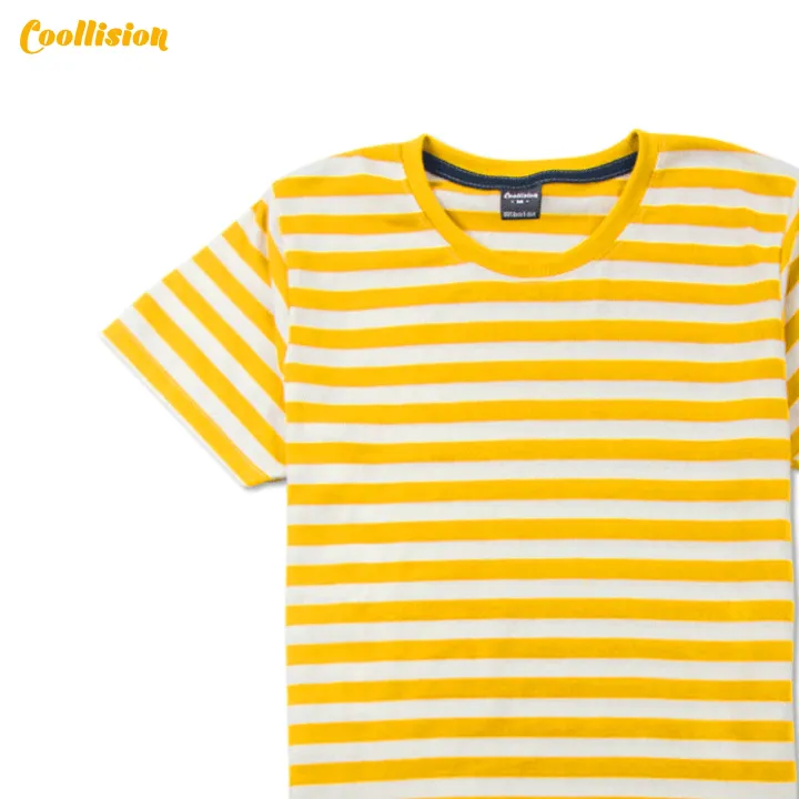 coollision-gold1cm-เสื้อลายทางสีเหลืองทอง-สีขาว-เสื้อยืดลายทาง-unisex-ผ้าไม่ลื่น-สีไม่ตก-ฝ้าย-ใส่ได้ทุกโอกาส