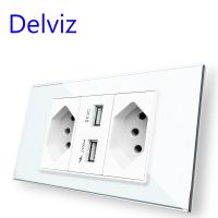 №♗ Delviz Brazil Standard Socket White Tempered Glass Panel USB socket 2100ma Size 120mmx72mm With USB Ports Wall Power Outlet