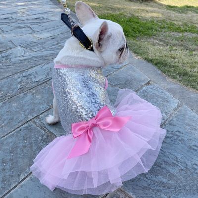 Elegant Dog Princess Dress Sequin Tutu Queen Style with Bowknot Clothes for Small Dogs Teddy Pug Chihuahua Shih Tzu Yorkshire Dresses