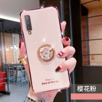 สำหรับSamsung Galaxy A7 2018หรูหราสีทึบ6Dเคสมือถือชุบโลหะคริสตัลแหวนซิลิโคนนุ่มTPU GlossyกันกระแทกสำหรับSamsung A7 2018