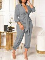 LW Jumpsuit BASICS Plus Size Casual V Neck Tie Knot Grey Solid Long Sleeve Rompers Lady Outfits