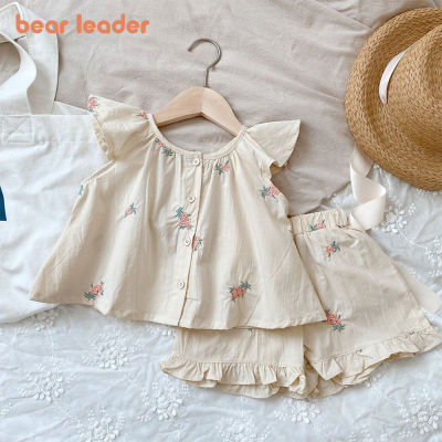 Bear Leader 2023ชุดเสื้อผ้าลำลอง2ชิ้นสำหรับฤดูร้อนชุดปักลายดอกไม้เสื้อ + กางเกงขาสั้นแต่งระบาย