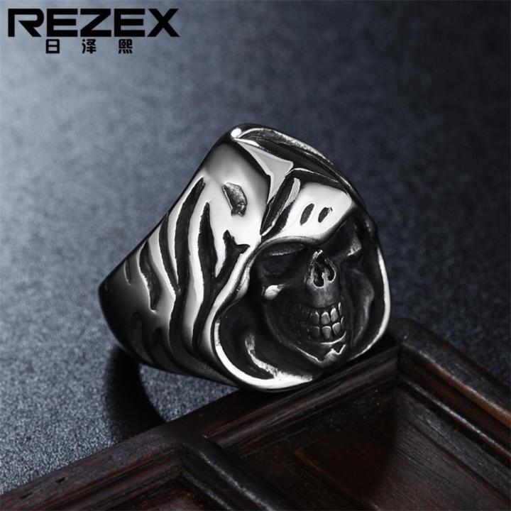 rezex-เครื่องประดับส่วนบุคคลพังค์ย้อนยุคเหล็กไทเทเนียมผู้ชายแหวนหัวกะโหลกผี