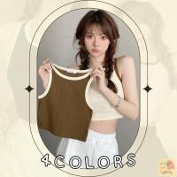 โอมากๆ?แฟชั่น เสื้อกล้ามครอป กุ้นขอบสีทูโทน มีฟองน้ำ ไม่มีลาย 4 สี