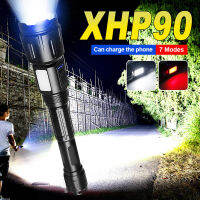 【เรือจากประเทศไทย】ไฟฉายแรงสูง ไฟฉาย xhp90 Most Powerful flashlight 90W อลูมิเนียมอัลลอยด์ ไฟฉายเดินป่า 7 Modes with 2*18650 battery ระยะการฉายรังสีสูงถึง 1000M, แสงสว่างที่ยั่งยืน 99 ชั่วโมง Tactical flashlight