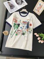 Original Uniqlo! Mens and womens couple style contrasting color round neck design hand-painted cartoon graffiti printing short-sleeved T-shirt