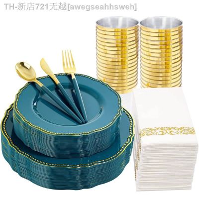 【CW】♤  70 Disposable Tableware Plastic Plate With Gold Rim and Silverware Cup Napkin Set Wedding Supplies