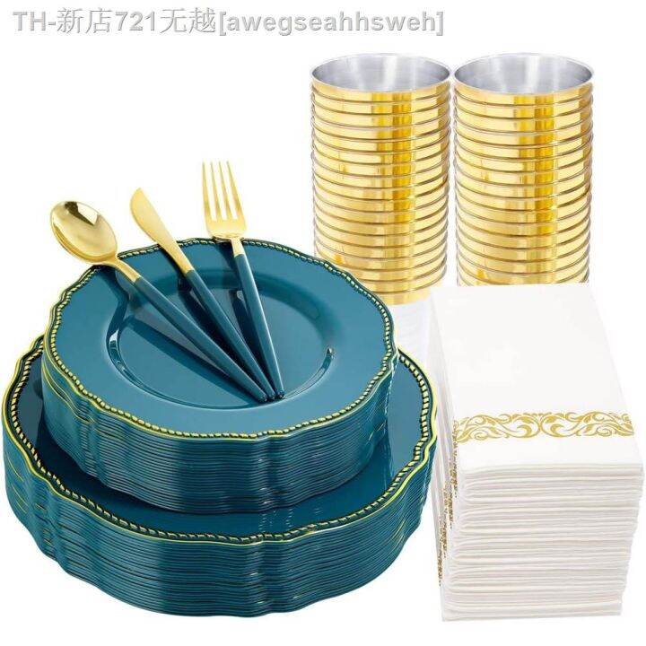 cw-70-disposable-tableware-plastic-plate-with-gold-rim-and-silverware-cup-napkin-set-wedding-supplies