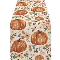 Fall Pumpkin Table Runner, Autumn Thanksgiving Floral Table Runners for Kitchen Dining Coffee or Indoor and Outdoor