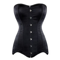 ซาติน Overbust Corset Simple Elegant สีดำ Bustier ยาวลำตัว Gothic Gorset เซ็กซี่ Plus ขนาด Busk Brocade Korset Hot