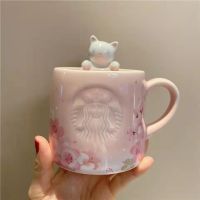 Starbuck ถ้วยสีชมพูเชอร์รี่ Blossom แก้ว Happy Cherry Blossom น่ารักแมวถ้วยเซรามิคเดสก์ท็อปถ้วยดื่มแก้วกาแฟ