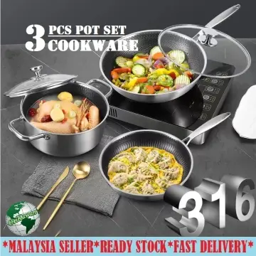 3 In 1 SUS 316 Stainless Steel Non-Stick Sasite Wok, Pot And Pan Kitchen  Cookware Set