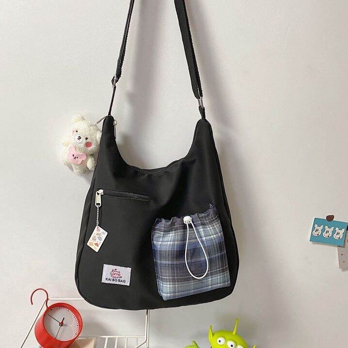 koreafashionshop-kr1726-กระเป๋าสะพายข้างป้าย-kai-bo-bag-ช่องใสของลายสก็อต-ใบใหญ่-มีพวงกุญแจแถมให้