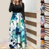 【HOT】✿ And Fashionable Printed Round Neck Sleeved Patchwork Skirt