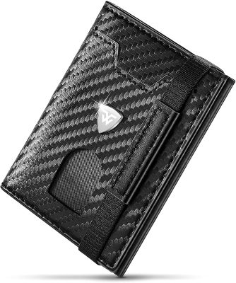 （Layor wallet） มินิขนาดเล็กผู้ถือบัตรกระเป๋าสตางค์ผู้ชายบางคาร์บอนหนังกระเป๋า RFID กรณีบัตรช่องซิปเหรียญสีดำ