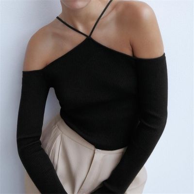 TRAF Women  Fashion Strapless Long Sleeve Halter Knit Top Hollow Knit Women Sweater Streetwear