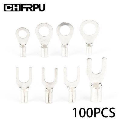 100PCS Cable Wire Connector Crimp UT OT Non-Insulated Ring Fork U-Type Tin-Plated Brass Terminals Assortment Kit Electrical Connectors