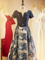 【YF】 Navy Blue Printed Satin Mother Of The Bride Dresses 2022 Elegant Scoop Neck A-Line Tea-Length Midi Women Wedding Party Gowns