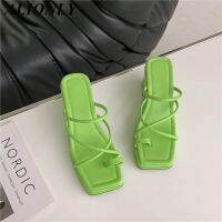 2021ALIONLY Green Slipper Outdoor Narrow Band Sandal for Women 2022 Summer Shoes Ladies High Wedges Heel Slides Flip Flop Mujer