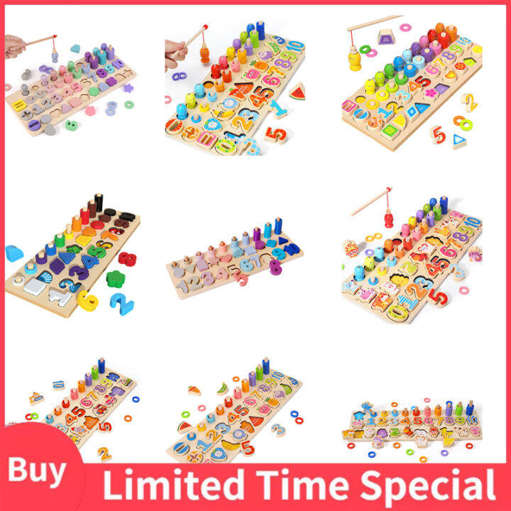TK 6in1 Wooden Alphabet Number Shape Puzzles Toys Toddlers Fishing