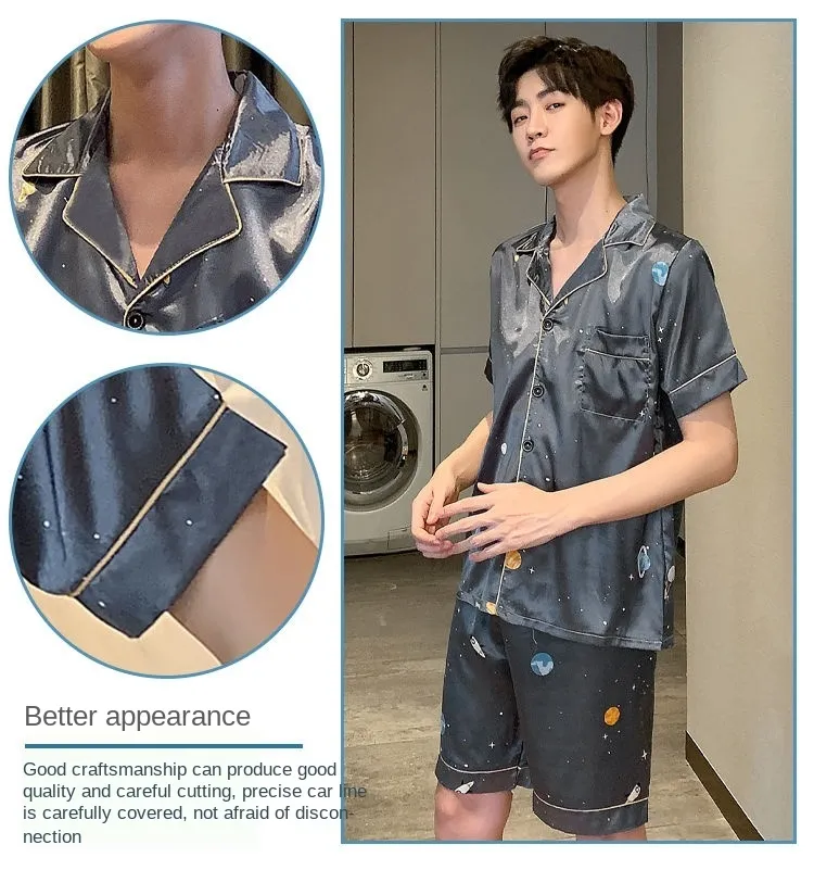 Men Comfortable Pyjamas Oversize 4XL 5XL 90kg Short Sleeve Casual Home Wear  Summer Silk Boy Pajama Set Leisure Sleepwear Set