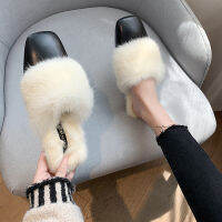 2021 Women Fund Square Leather Furry Flat Slipper High with Half Drag Womens Shoes Warm Home Slippers Woman Casual Slides Shoes