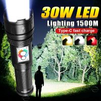 Ultra 30W Powerful Led Flashlight Three Color COB Torch lights Rechargeable Built in battery XHP199 Flash Lights Camping Lantern Rechargeable  Flashli