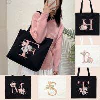 Pink Letter Flower Print Fashion Horizontal Black Canvas Zipper Bag Shoulder Bag Harajuku Shopping Bags