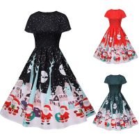 Womens Fashion Christmas Short Sleeve Printed Round Neck Big Swing Dress