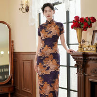 2023ฤดูร้อนสไตล์จีนชุดปรับปรุง Cheongsam ยาวซาตินชุด Qipao Slim ถ่ายภาพแฟชั่น R จัดเลี้ยงสำหรับผู้หญิง