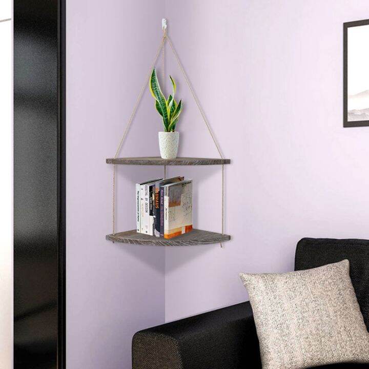 Retro Rope Wood Hanging Rack Corner Wall Shelf House Storage Organizer