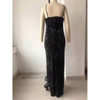 Womens Black Sequined Split High Waist Dress Sleeveless V-neck Party Dress